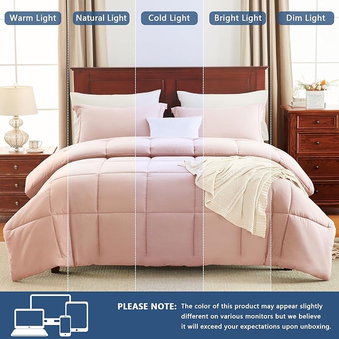 CozyLux King Comforter Set - 270GSM Blush Pink Bedding Sets for All Seasons Size, 3 Pieces Box Stitched Bed Set with 1 Down Alternative Comforter and 2 Pillow Shams, Soft, Lightweight, Durable