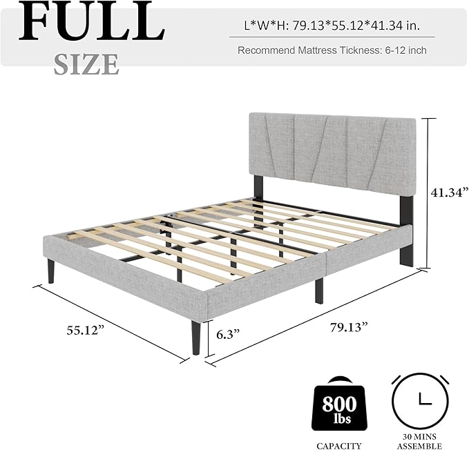 HAOARA Full Size Bed Frame with Fabric Upholstered Headboard, Platform Bed with Wooden Slats Support, Fully Mattress Foundation, Box Spring Optional, Easy Assembly, Light Grey