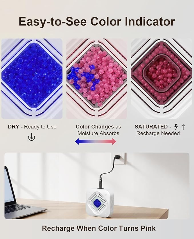 Dehumidifier for Bathroom with Color-Changing Beads, Rechargeable Small Dehumidifier for Closet, Portable Gun Safe Dehumidifier Ideal for Spaces up to 35 Sq.Ft Coverage, Quiet Operation