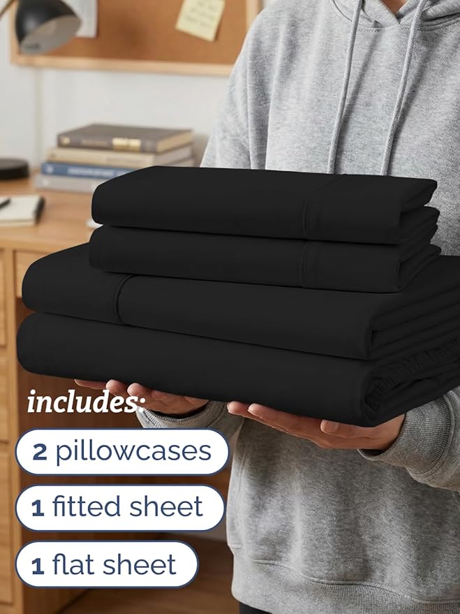 Twin XL 4 Piece Sheet Set - Comfy, Breathable & Cooling - Hotel Luxury Bedding for Women, Men, Kids, Teens and Children - 1 Flat & 1 Fitted Sheet & 2 Pillowcases w/ Deep Pockets - Wrinkle Free - Black