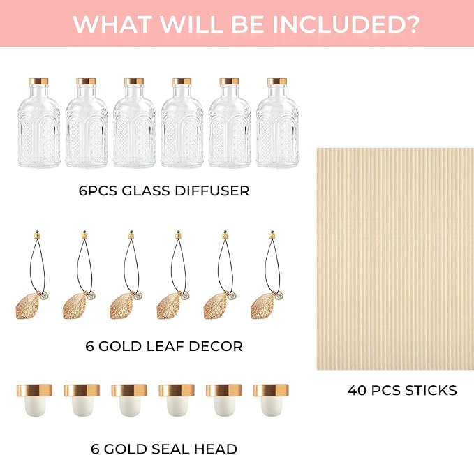 Glass Reed Diffusers Bottles for Home, Diffuser Bottles with 40PCS Reed Diffuser Sticks, Vintage Embossed Apothecary Style Flower Bud Vases with Cork Lids, Set of 6