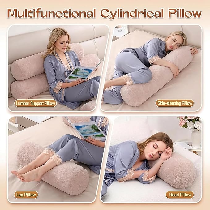 1 MIDDLE ONE Body Pillow for Adults, Bolster Pillow with Removable Velour Cover, Long Round Roll Cylinder Pillow for Bed, 47" x 7.87", Dusty Pink