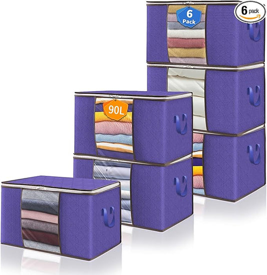 90L Clothes Blanket Storage Bags, 6 Pack Under Bed Storage Bins with Lids, Foldable Closet Organizer with Reinforced Handles for Clothing, Blanket, Comforters, Bed Sheets, Pillows and Toys, Darkblue