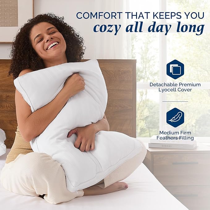 downluxe Goose Feather and Down Pillows - 2 Pack Gusseted Hotel Collection Feather Pillows Set of 2 for Back, Stomach or Side Sleepers, Queen Size (18"x26"x2")