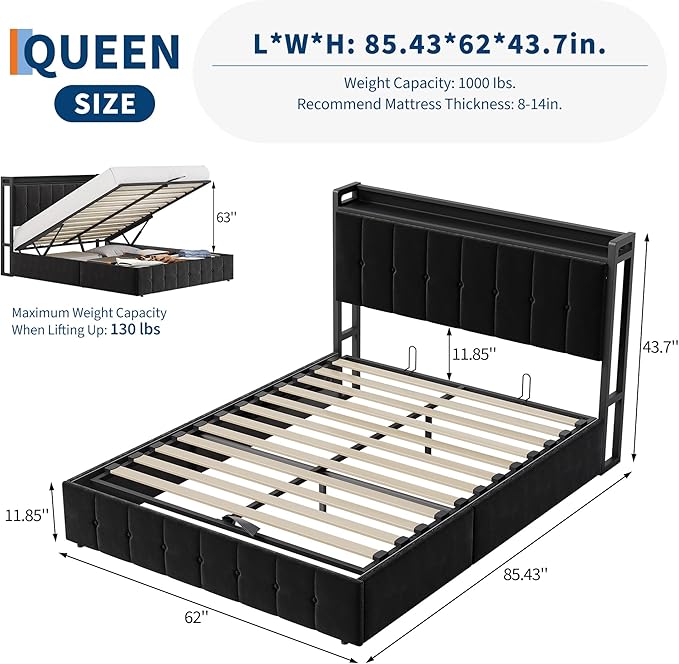 Garvee Queen Size Lift Up Storage Bed, Upholstered Velvet Bed Frame with Storage Headboard, Metal Platform Bed, No Box Spring Needed, Solid Wooden Slats, Noise Free, Black