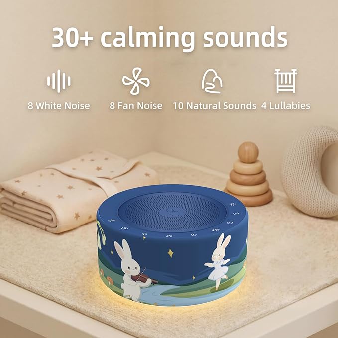 Kipcush White Noise Machine - Soft Non-Glare Nursery Lamp, 30 Soothing Sounds, 8 Color Lights, Max 8-Hour Timer for Baby & Adults
