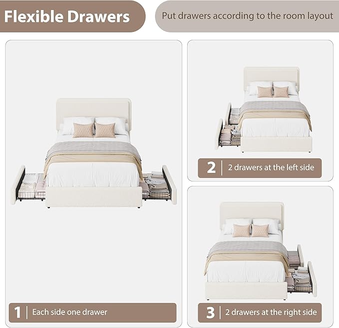 GarveeHome Bed Frame with 2 Storage Drawer, Teddy Fleece Thick Upholstered Platform Bed Frame with Adjustable Headboard, No Box Spring Needed, Cream Beige, Twin