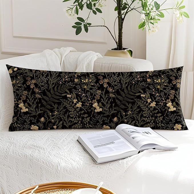 Moody Floral Botanical 20x54 Body Pillow Cover, Dark Aesthetic Room Decor, Rustic Dark Cottagecore Gold Plants Flower Botanical Decorative Long Body Pillow Cases for Bed Couch