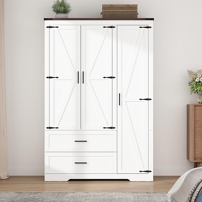 Hlivelood 3 Doors Wardrobe Armoire Closet with Doors and Drawers, Farmhouse Wooden Armoire Storage Cabinet with Shelves & Hanging Rod for Bedroom, White