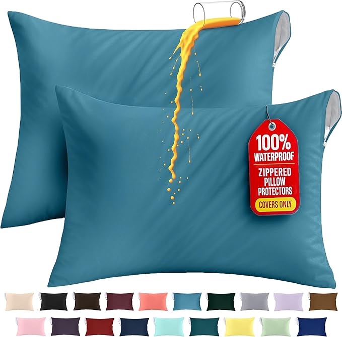 Utopia Bedding Premium 100% Waterproof Pillow Protectors with Zipper Queen Size (Set of 2), Bed Bug and Dust Mite Proof Zippered Pillow Covers, Pillow Encasement Cases, Denim Blue