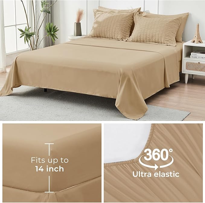 HYMOKEGE Khaki Queen Comforter Set Seersucker 7 Pieces, All Season Luxury Bed in a Bag Queen for Bedroom, Bedding Set with Comforter, Sheets, Pillowcases & Shams