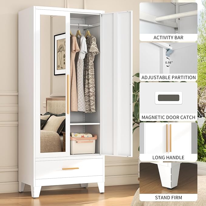 72" Tall Metal Wardrobe Closet - Large Clothing Storage Cabinet with 1 Hanging Rod, 1 Adjustable Shelve, 1 Drawer & Mirror Doors - Closet Organizer for Bedroom, Office, Laundry Room, Garage - White