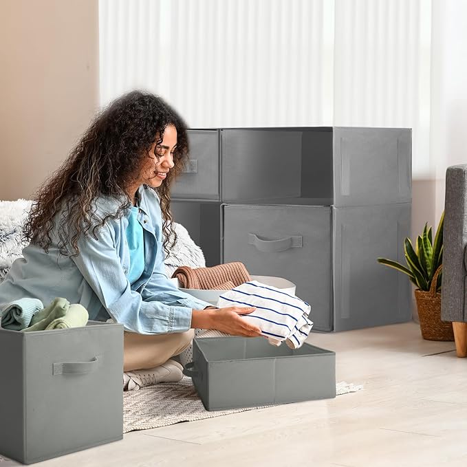 Weysat 4 Cube Stackable Under Dorm Bed Storage Container Foldable Closet Drawer Organizer Fabric Storage Cube Bins for Dorm Essentials College Closet Bedroom Living Room Nursery (Gray,18.5 Inch)
