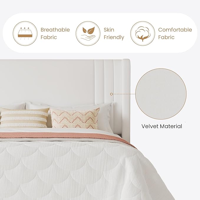 SHA CERLIN Full Size Velvet Upholstered Platform Bed Frame with Vertical Channel Tufted Wingback Headboard, Wooden Slats Support, Easy Assembly, Under Bed Storage, No Box Spring Required, White