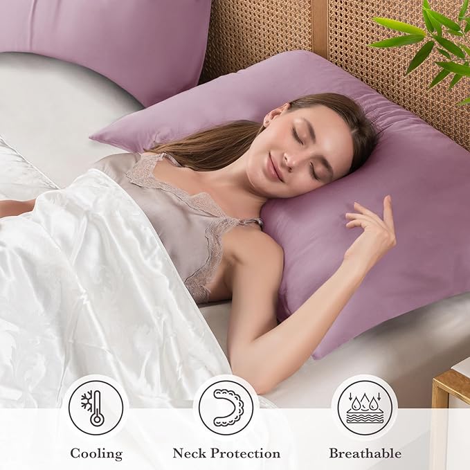 Curved Pillow Case Queen Size, Side Sleeper Pillow Cases Cover Cooling Rayon Derived from Bamboo with Zipper for hot Sleepers Hair and Skin, Breathable Silky Soft Pillowcase 1 Pack 20 * 30 Inches