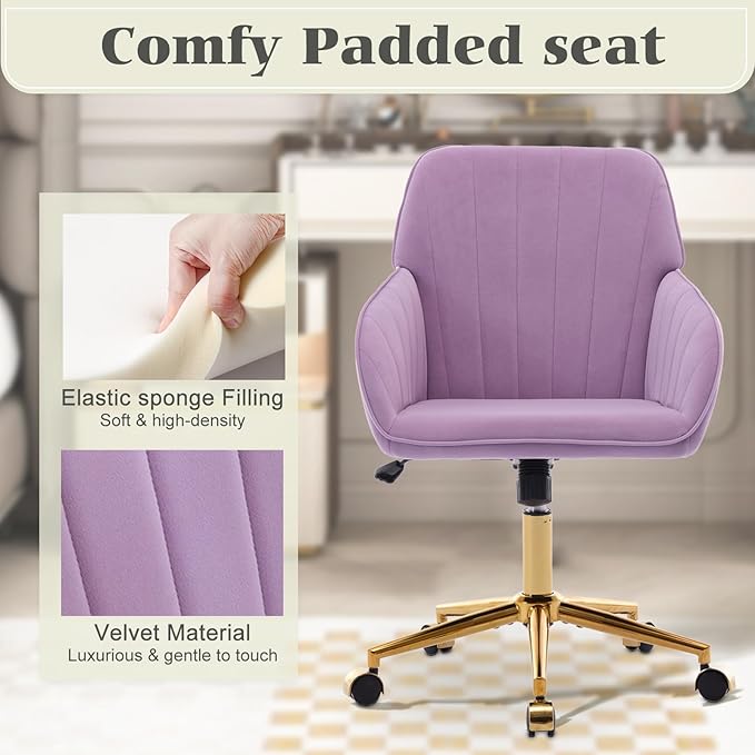 Velvet Vanity Chair with Wheels, Height Adjustable Swivel Makeup Chair, Armless Small Desk Chair for Bedroom/Office/Vanity Table, 250 lbs Capacity (Velvet, Lilac-2)