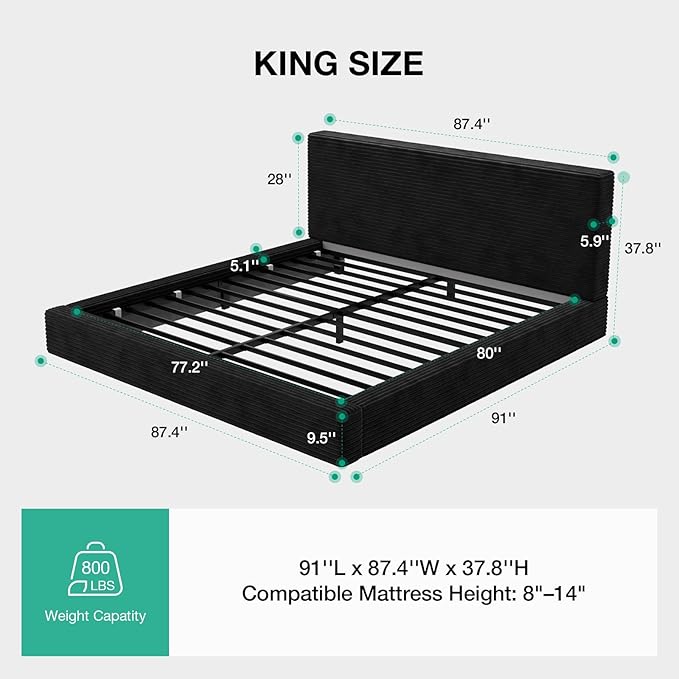Novilla King Size Bed Frame, Plush CloudSoft Bed, Corduroy Upholstered Platform Bed Frame with Headboard, Easy Assembly, No Box Spring Needed, Modern Soft Bed Frame, Black
