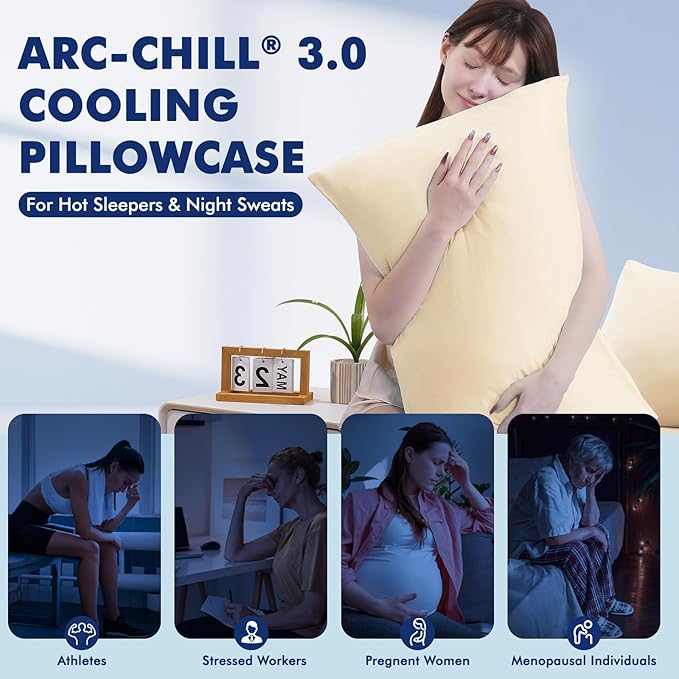 Elegear Cooling Pillow Cases for Hot Sleepers, Clean Fabric Silver Infused Cooling Pillowcase Q-Max>0.5, Soft Silky Pillowcases for Hair & Skin, Summer Zipper Pillowcase Cover Set of 2-King, Beige