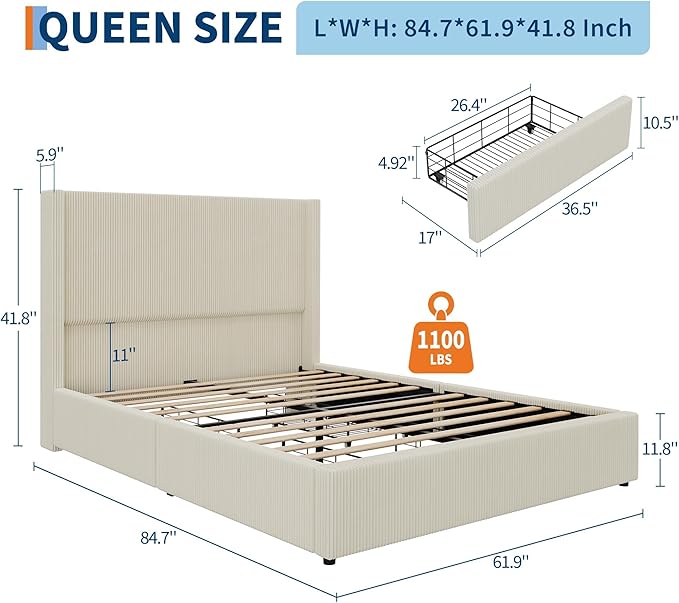 IDEALHOUSE Queen Size Upholstered Platform Bed Frame with Storage Drawers, Corduroy Wingback with Tufted Headboard and Footboard, No Box Spring Needed, Easy Assembly, Beige
