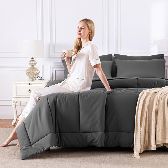 CozyLux Twin XL Comforter Set Dark Grey, 5 Pieces Twin Extra Long Bed in a Bag for College Dorm, All Season Bedding Set with Stitch Quilted Comforter, Flat Sheet, Fitted Sheet, Pillowcases