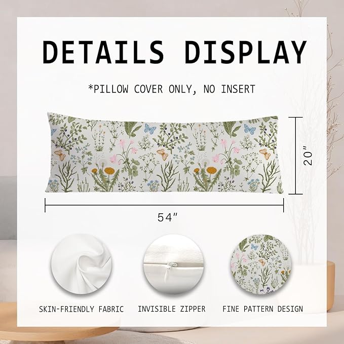 Vintage Floral Botanical 20x54 Body Pillow Cover, Cottagecore Room Decor, Rustic Cottagecore Wildflower Plant Decorative Long Body Pillow Cases for Bed Couch