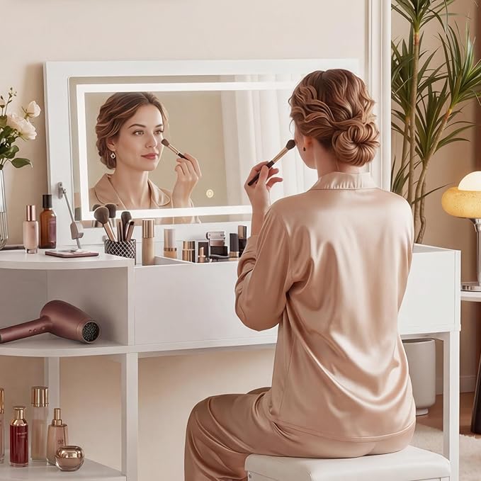 Cyclysio Vanity Desk with Flip Top Mirror and Lights, Makeup Vanity Desk with Drawers, Dressing Table with Storage Shelves & Charging Station, Small Vanity for Small Spaces, White