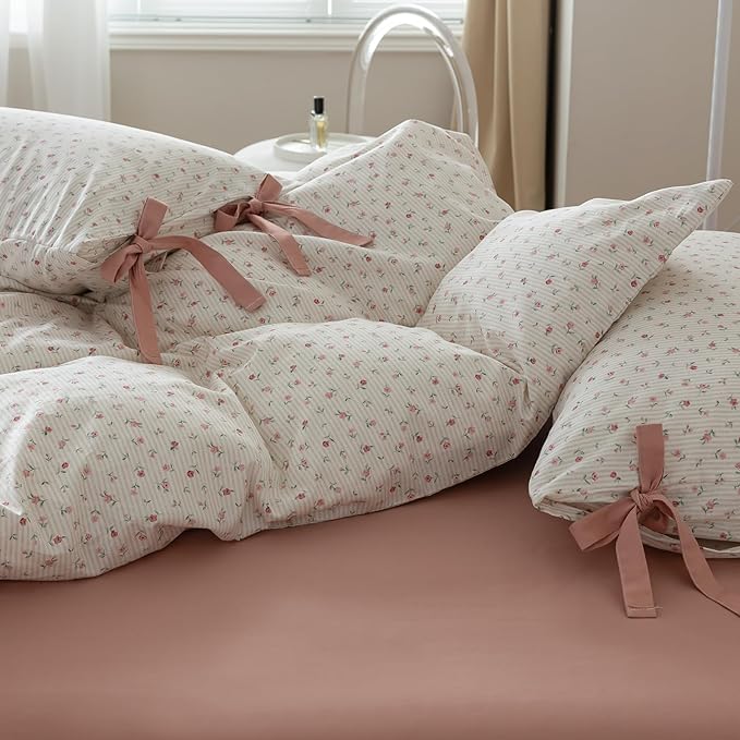 VM VOUGEMARKET Flower Duvet Cover King Vintage Garden Pink Floral Bedding Set for Girls Women 100% Cotton 3 Pieces Stripes Comforter Cover with Zipper Ties,Off-White/Cream