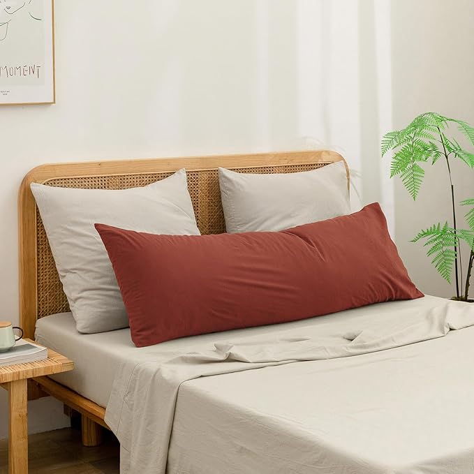 BESTOUCH 100% Washed Cotton Pillowcase for Hair and Skin Linen Feel Soft Comfortable Breathable 1 Pcs Pillow Case with Envelope Closure Solid Crimson Red Body 20x54 Inches