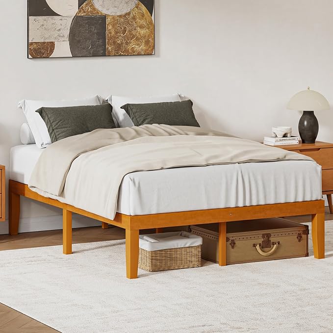 DUMOS Queen Solid Bed Frame Wood 16 Inches, Sturdy Platform Bed with Heavy Duty Wood Slat Support, No Box Spring Needed, Easy Assembly, Natural Pine