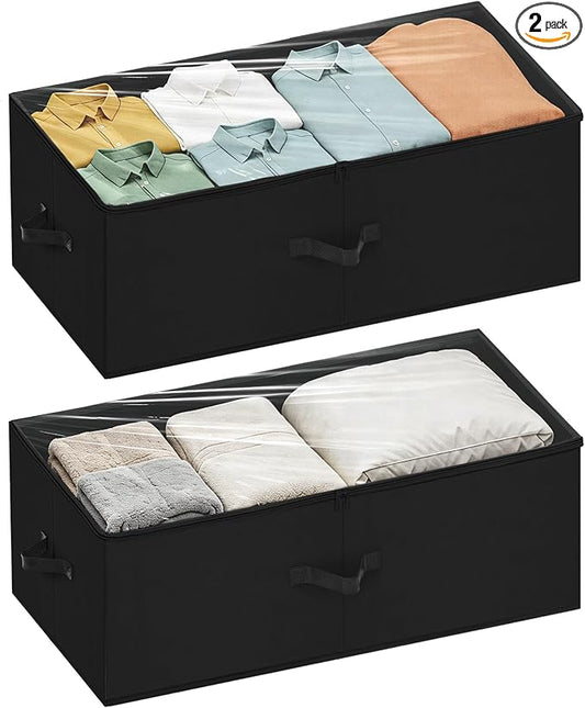 Large Under Bed Storage Containers, 12 inch Tall Underbed Storage Bins with Clear Lids, Deep Under Dorm Bed Storage Drawers Organizer for Shoes, Clothes, Blankets (2 Pack, Black, 31.5"x16"x12")