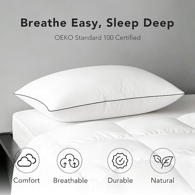 Down Feather Pillow, White Duck Down and Feather Filled Pillow Inserts, Luxurious Hotel Bed Pillows with Cotton Blend Cover Fit for Back, Stomach and Side Sleeper, Standard Size, Firm, Set of 1