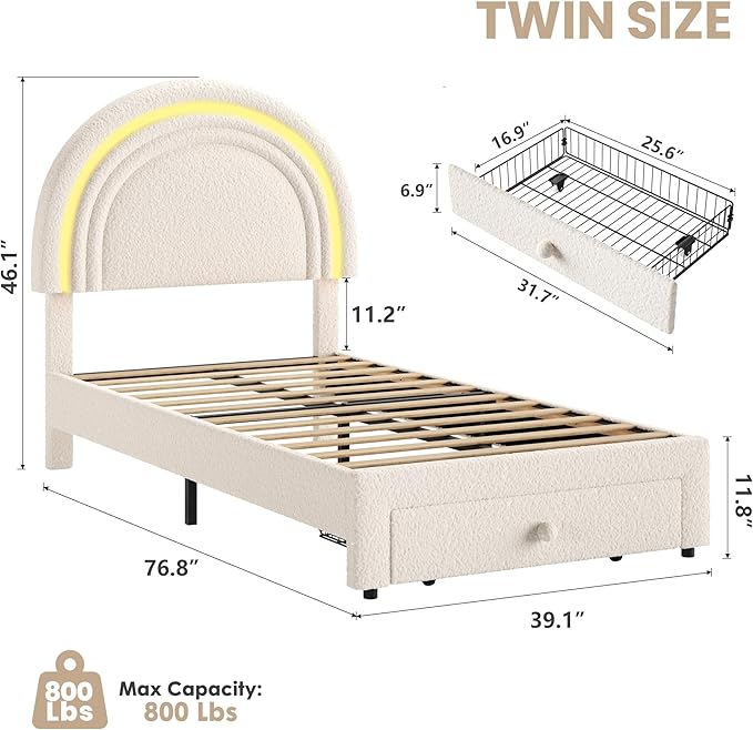 GarveeHome Twin Upholstered LED Bed Frame - with Storage Drawer and Rainbow Headboard, Berber Fleece Princess Platform Bed for Kids, Solid Wood Slat Support, No Box Spring Needed, Easy Assembly, Beige