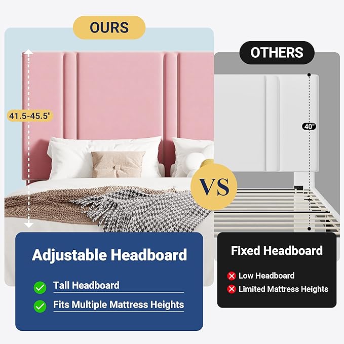 Allewie Full Size Platform Bed Frame with Adjustable Headboard, Plush Velvet Upholstered, Vertical Channel Tufted, Sturdy Wooden Slats, No Box Spring Needed, Easy Assembly, Pink
