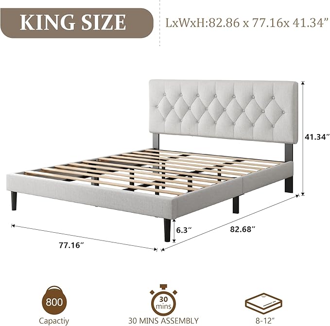 CXVX King Size Platform Bed Frame with Upholstered Headboard, Button Tufted Design, Strong Wooden Slats, No Box Spring Needed, Easy Assembly, Noise Free