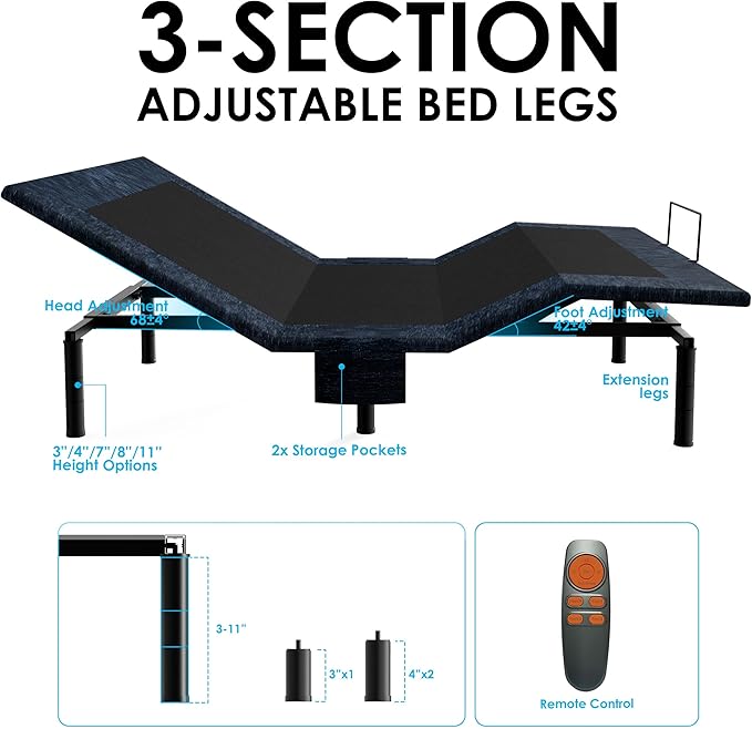 Patented Design Full Adjustable Bed Frame, Ergonomic Electric Foldable Bed Base with Wireless Remote, Head and Foot Incline, Zero Gravity& Anti-Snore, Ideal for Small Spaces & Elderly Use