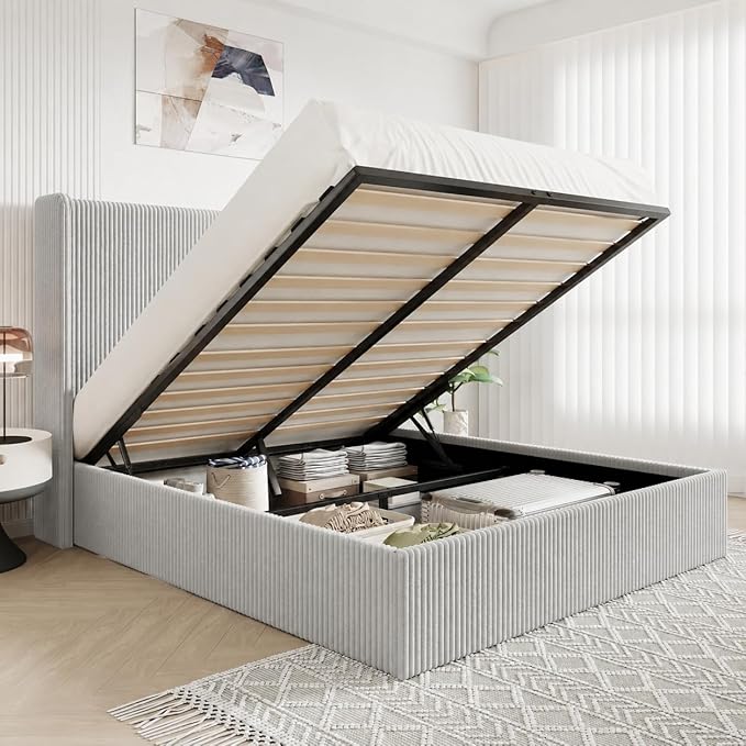 Allewie Queen Size Lift-Up Storage Bed Frame with Modern Wingback Headboard, Corduroy Upholstered Platform Bed, Hydraulic Gas Lift Support, Underbed Storage, Wooden Slats, No Box Spring Needed, Grey