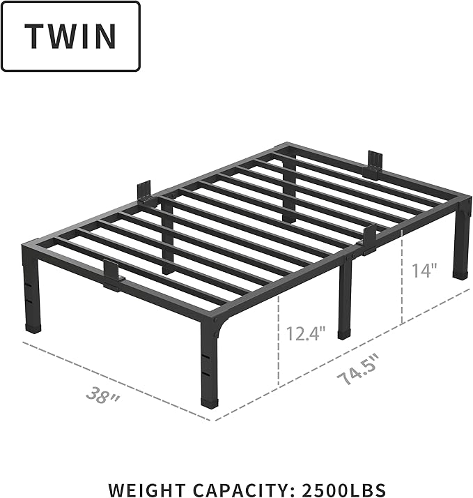 MAF 14 Inch Metal Platform Twin Bed Frames, Heavy Duty Black Bed Frame with Steel Slats Support, No Box Spring Needed, Noise Free, Non-Slip, Easy Assembly