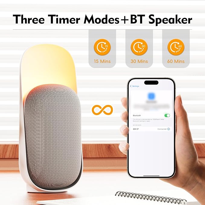 Sound Machine Night Light White Noise Machine with BT Speaker,6 Soothing Sounds,White Noise Sound Machine with Convenient Timer Options,for Baby Kids Adult Home Office Travel