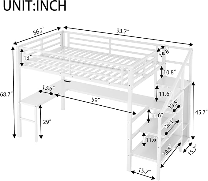 Full Size Loft Bed with Desk and Wardrobe, Metal Heavy Duty Loft Bed with Storage Stairs, LED Lights, USB Port, LoftBed Frames for Kids, Junior, Space Saving, Noise Free (White, Full)
