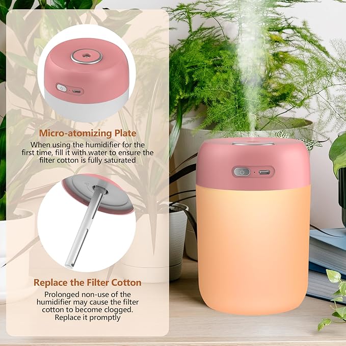 Portable Small Humidifier, 650ml Colorful Mini Humidifier for Bedroom, Office Desktop, Baby Room, Plants, Cool Mist Humidifiers(Deep Pink)
