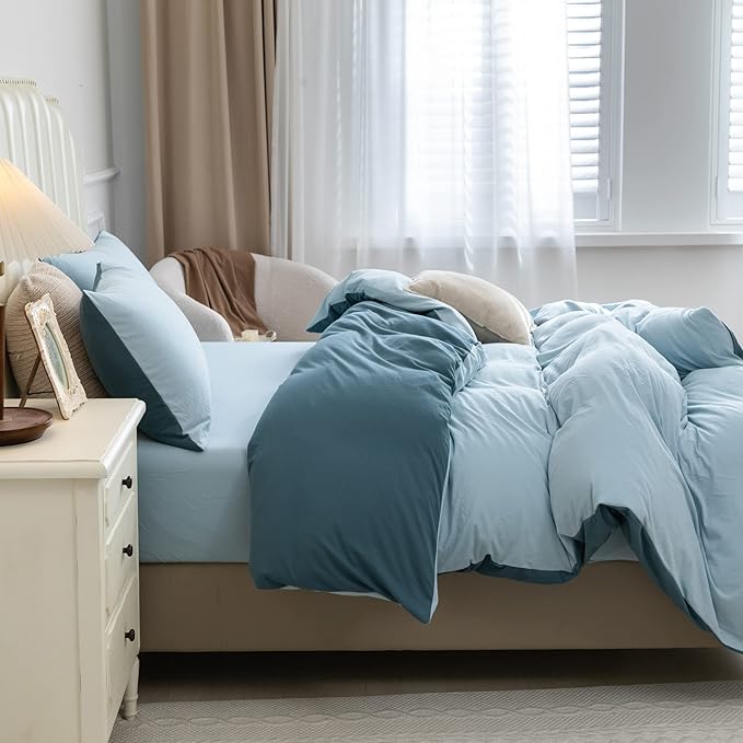 PURE ERA Jersey Knit Duvet Cover Set 100% T-Shirt Cotton Super Soft Comfy 3pc Bedding Set with Zipper Closure (Solid Cerulean Blue/Light Blue, King)
