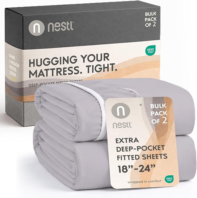 Nestl 2 Pack Grey Lavender Fitted Sheet Extra Deep Pocket, Hotel Luxury Twin XLFitted Sheet Only Easily Fits 18 to 24 Inch Mattress, Super Soft, Wrinkle-Free and Breathable with Corner Straps