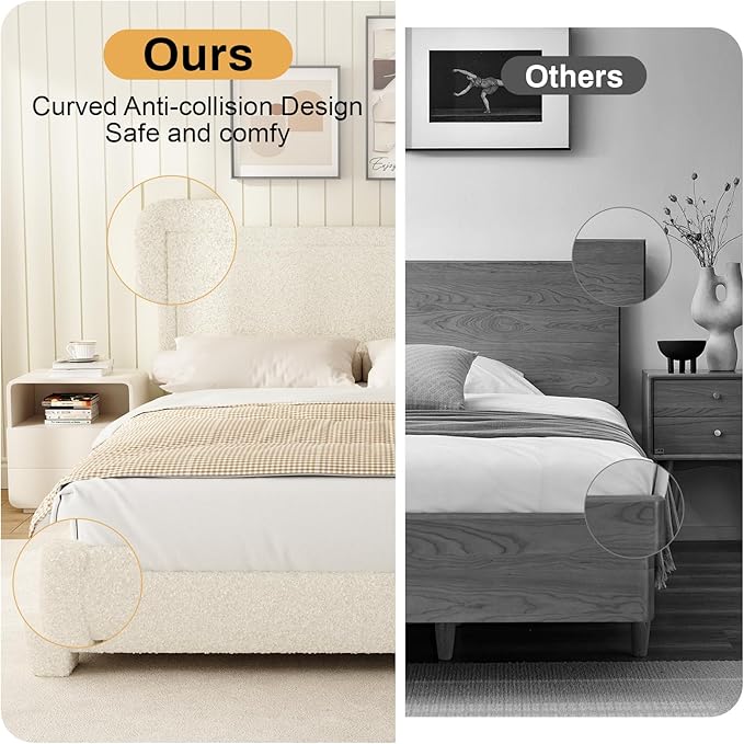 WEUP King Size Boucle Bed Frame, Soft Upholstered Cloud Bed Frame with Headboard, Rounded Corners, No Box Spring Required, Adjustable Headboard, Easy Assembly