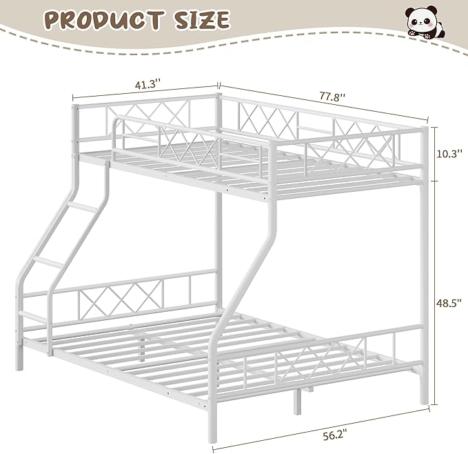 Garvee Bunk Bed Twin Over Full for Adults & Teens, Heavy Duty Metal with Ladder & Safety Rails, No Box Spring Required, Space Efficient Furniture for Bedroom, Dorm, White