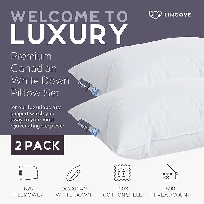 Lincove Cloud Natural Canadian Down Pillow, White Luxury Sleeping Pillow - 625 Fill Power, 500 Thread Count Cotton Shell, Made in Canada, King - Firm, 2 Pack
