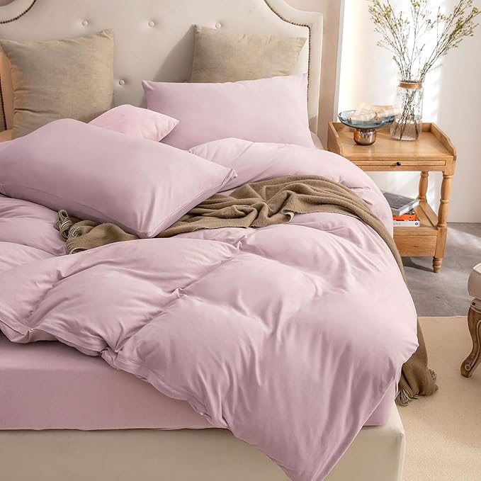 PURE ERA Jersey Knit Duvet Cover Set 100% T-Shirt Cotton Super Soft Comfy 3pc Bedding Set with Zipper Closure (Solid Light Pink,King, 104'' x 90'')