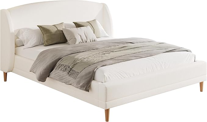 King Size Upholstered Platform Bed Frame with Boucle Fabric Wingback Headboard Solid Wood Legs No Box Spring Modern Bed Frame, White