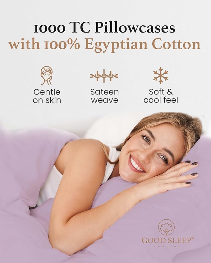 1000 TC Lavender Standard Pillowcases Set of 2 100% Egyptian Cotton Pillow Cases with Long Staple Cotton & Sateen Weave, Silky Soft Hotel - Like Bed Pillow Covers for Comfy Sleeping, Snug Fit