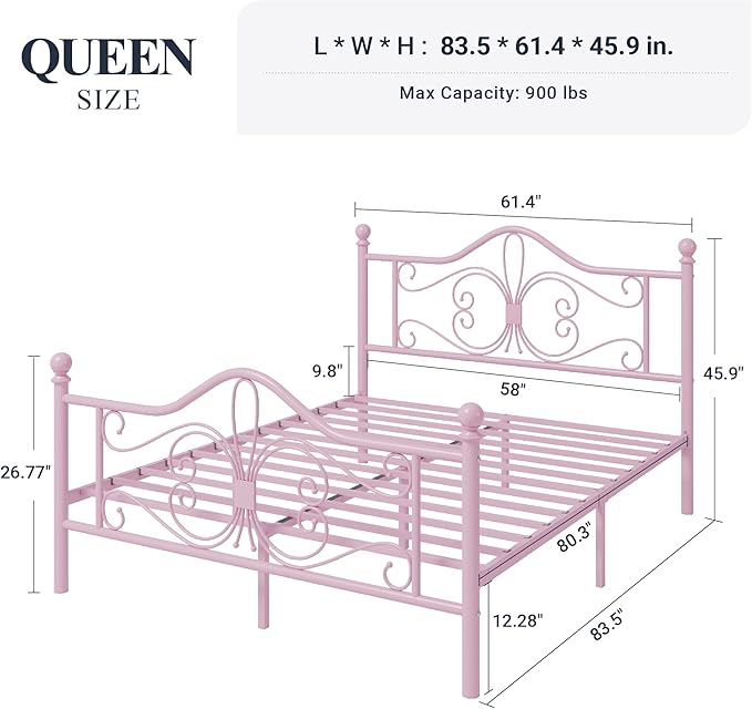 Allewie Queen Size Bed Frame with Headboard,Metal Bed Frame with Butterfly Pattern Design Headboard & Footboard,No Box Spring Needed,Easy Assembly,Pink