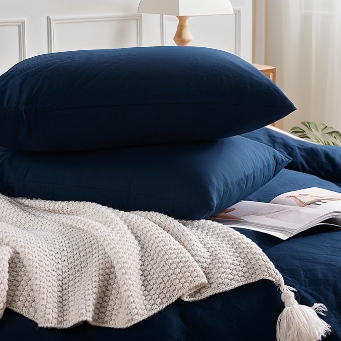 NEXHOME PRO Twin Duvet Cover Set, 100% Certified Organic Cotton with Washed Feel & Linen Like Texture, Comfortable & Breathable, Home Bedding Set Navy (No Comforter)